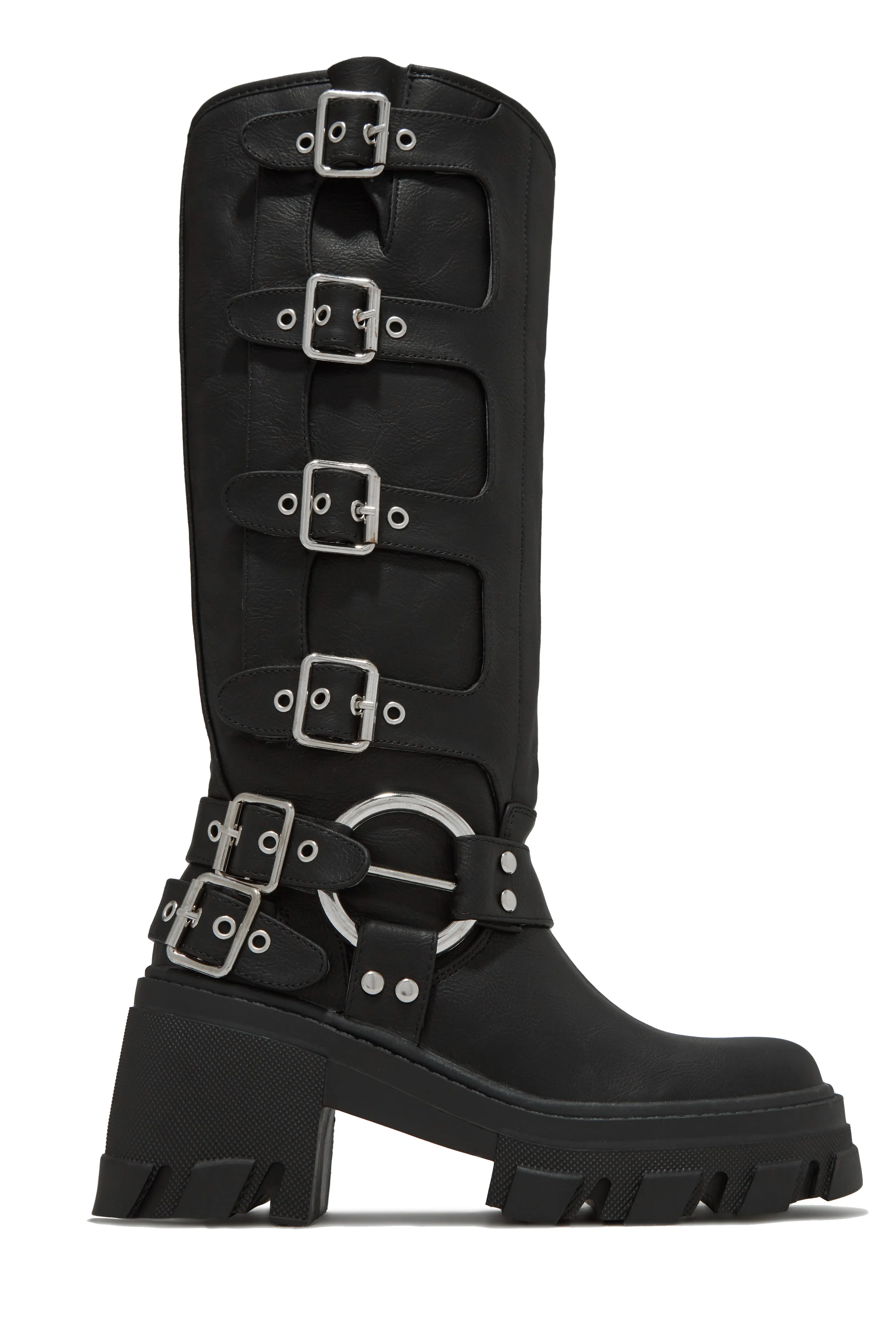 Alix Knee High Buckle Combat Boots - Denim