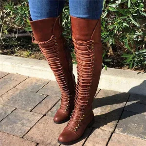 Amozae Camel Pu Cross Strap Block Heel Knee High Boots