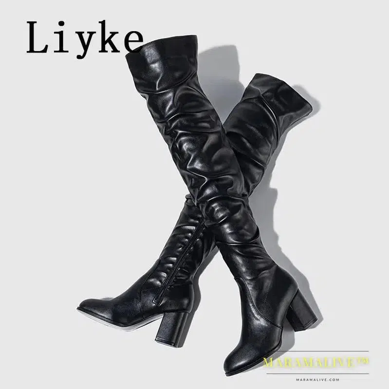 Black - Women's Boots Zip Over The Knee Thigh High Boots Fashion Pleated Leather Round Toe Square Heels Booties Shoes