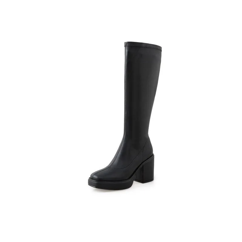 Chic Round Toe Zip Fashion Thick Square Heel Knee High Boots