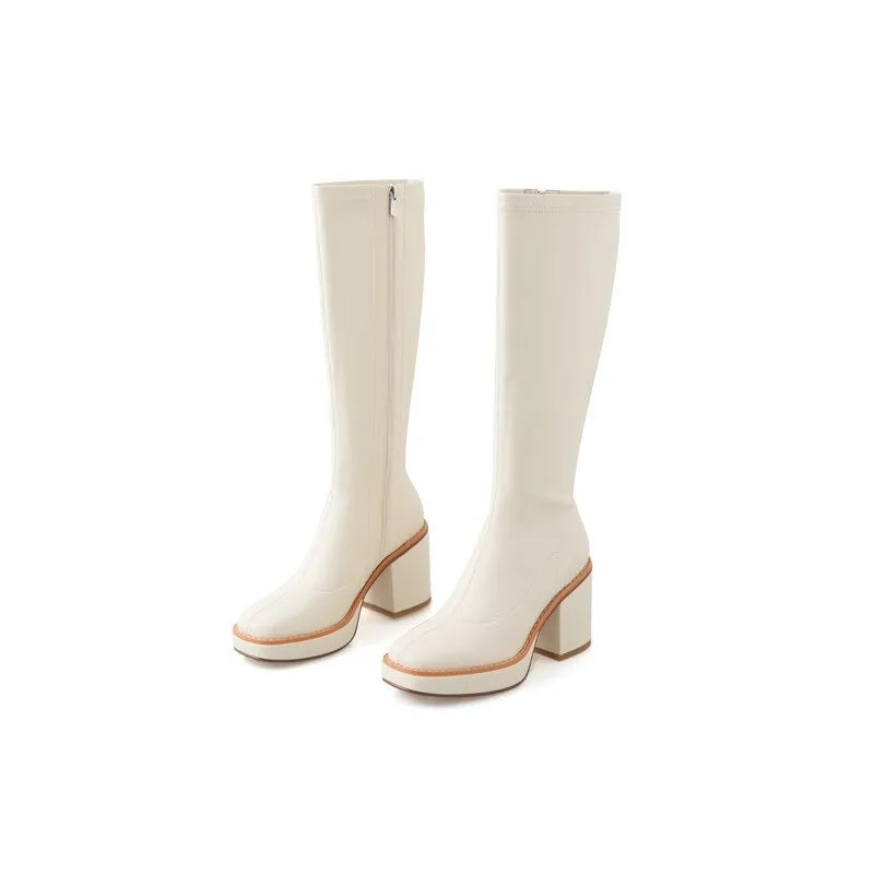 Chic Round Toe Zip Fashion Thick Square Heel Knee High Boots