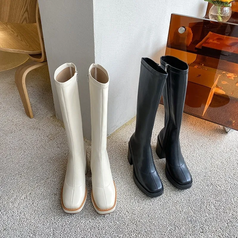 Chic Round Toe Zip Fashion Thick Square Heel Knee High Boots