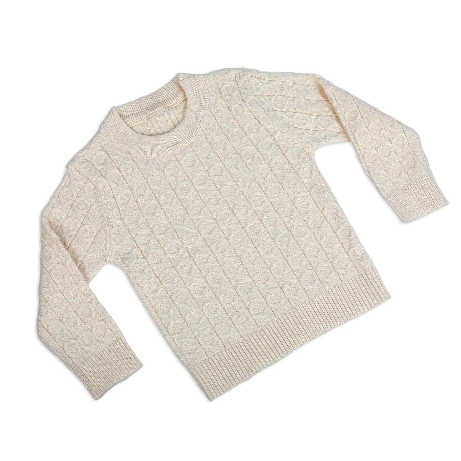 Classic Solid Round Neck Premium Full Sleeves Cable Knit Sweater - Off White