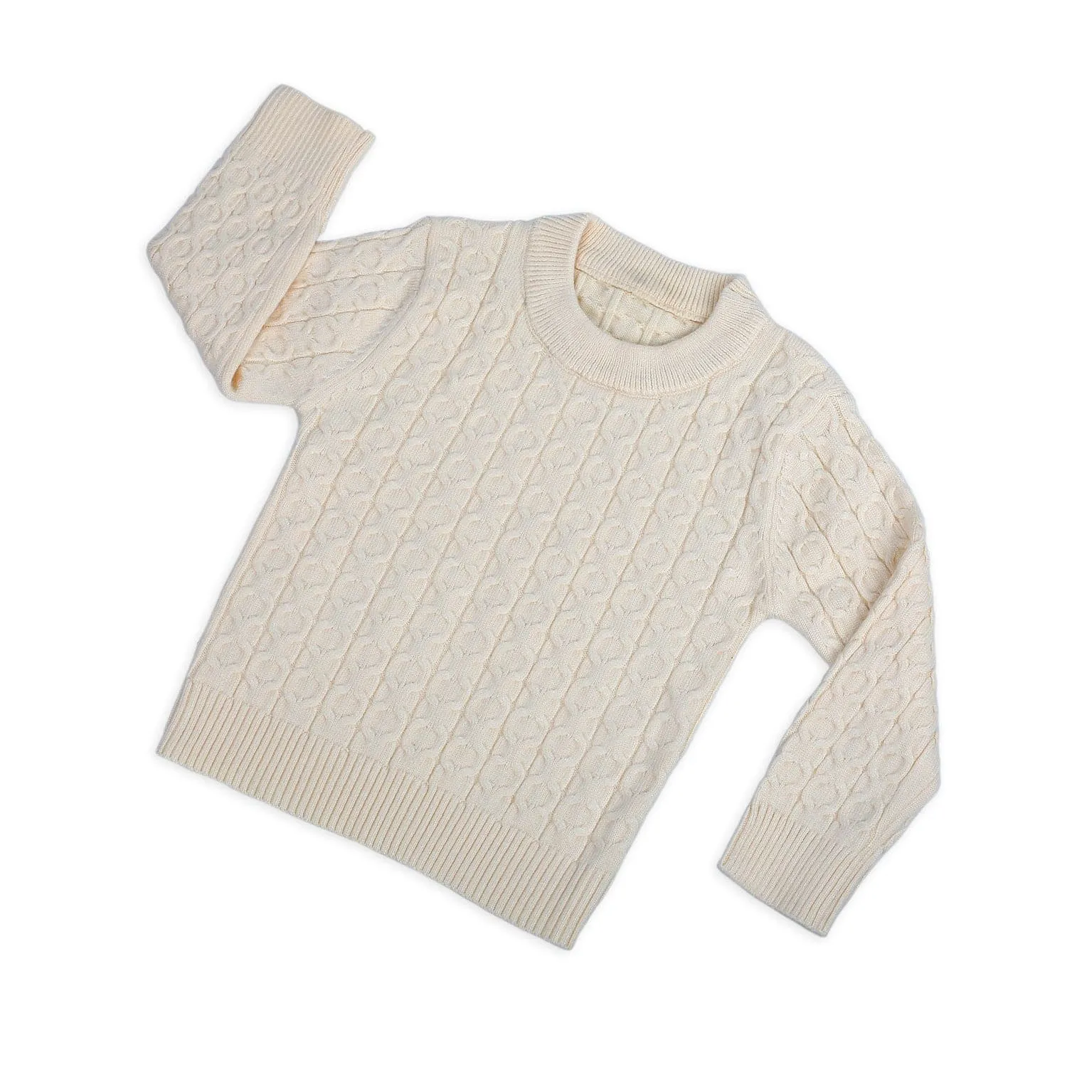 Classic Solid Round Neck Premium Full Sleeves Cable Knit Sweater - Off White