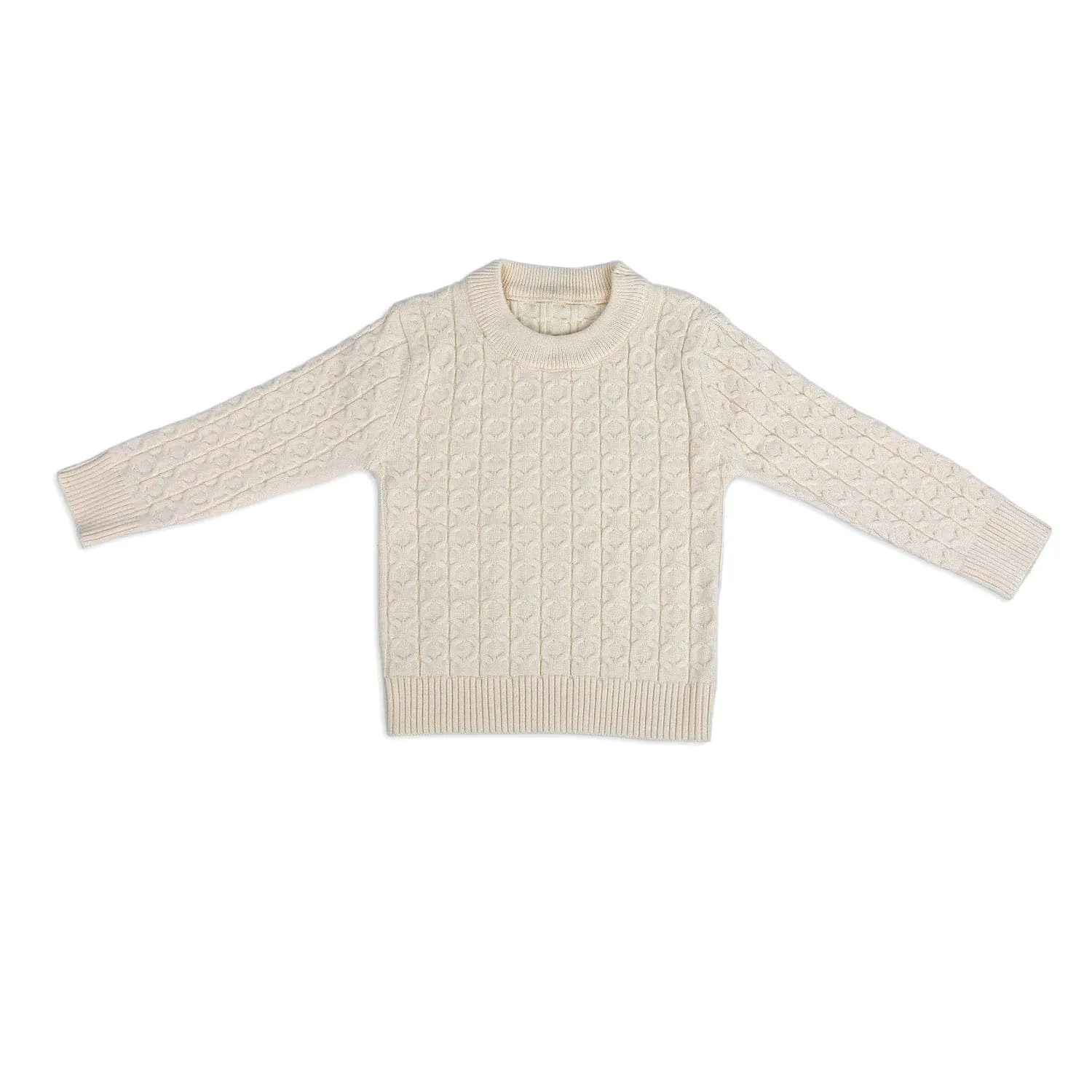 Classic Solid Round Neck Premium Full Sleeves Cable Knit Sweater - Off White