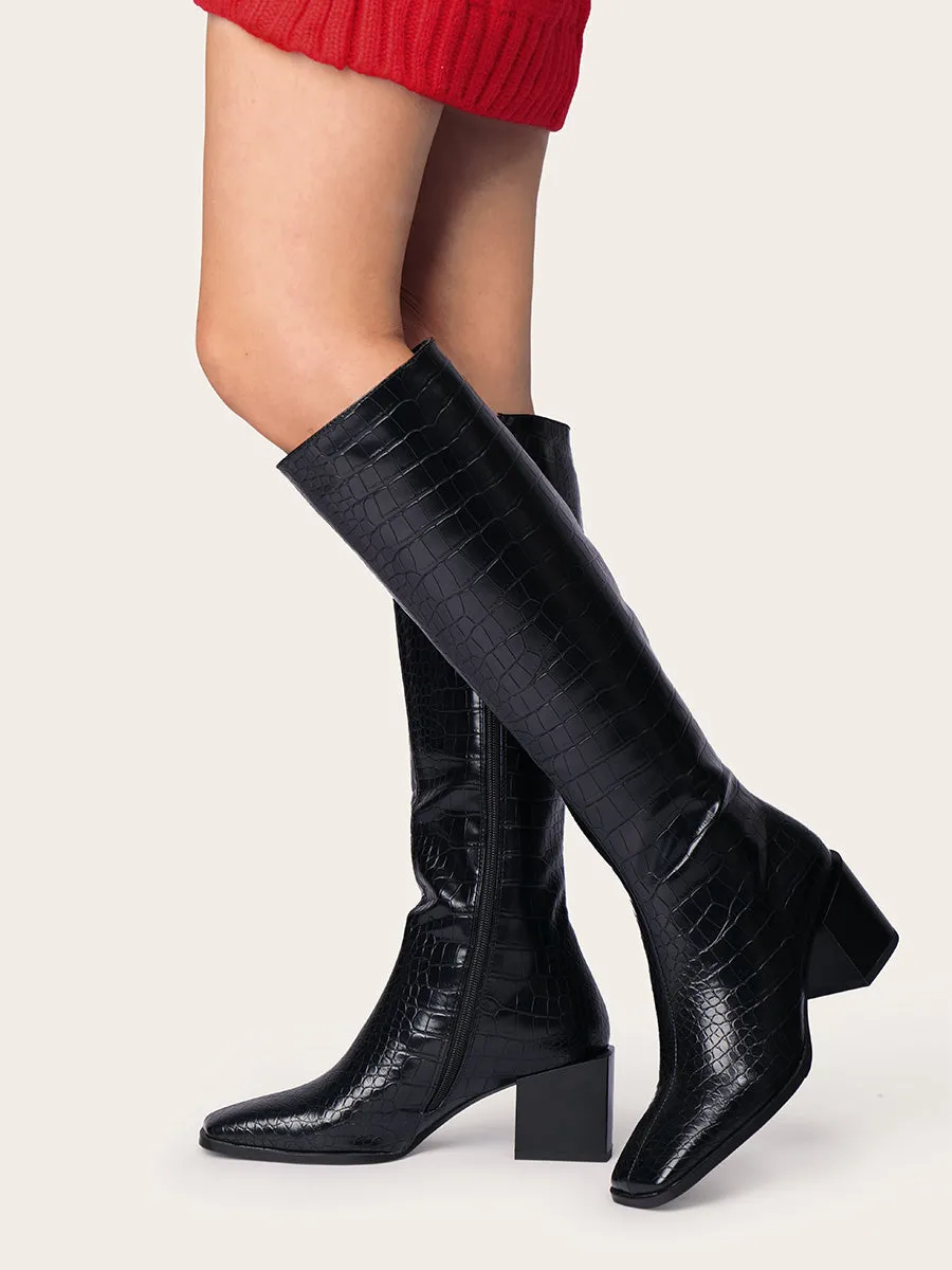 Crocodile Low Heel Knee-high Boots