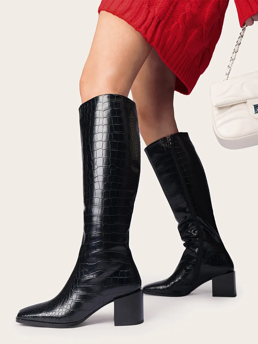 Crocodile Low Heel Knee-high Boots