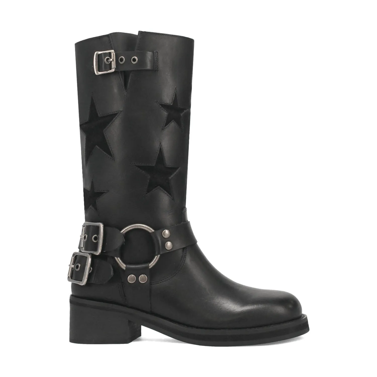 Dingo Womens Blacklist Stars Black Leather Motorcycle Boots