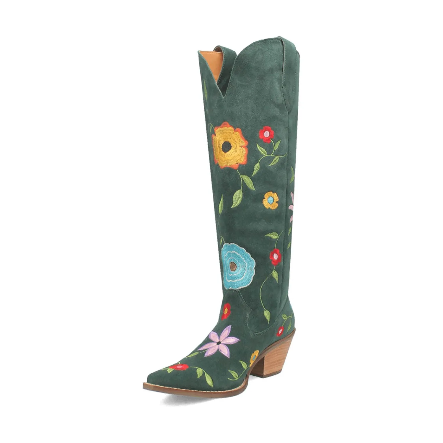 Dingo Womens Flower Power Green Suede Cowboy Boots