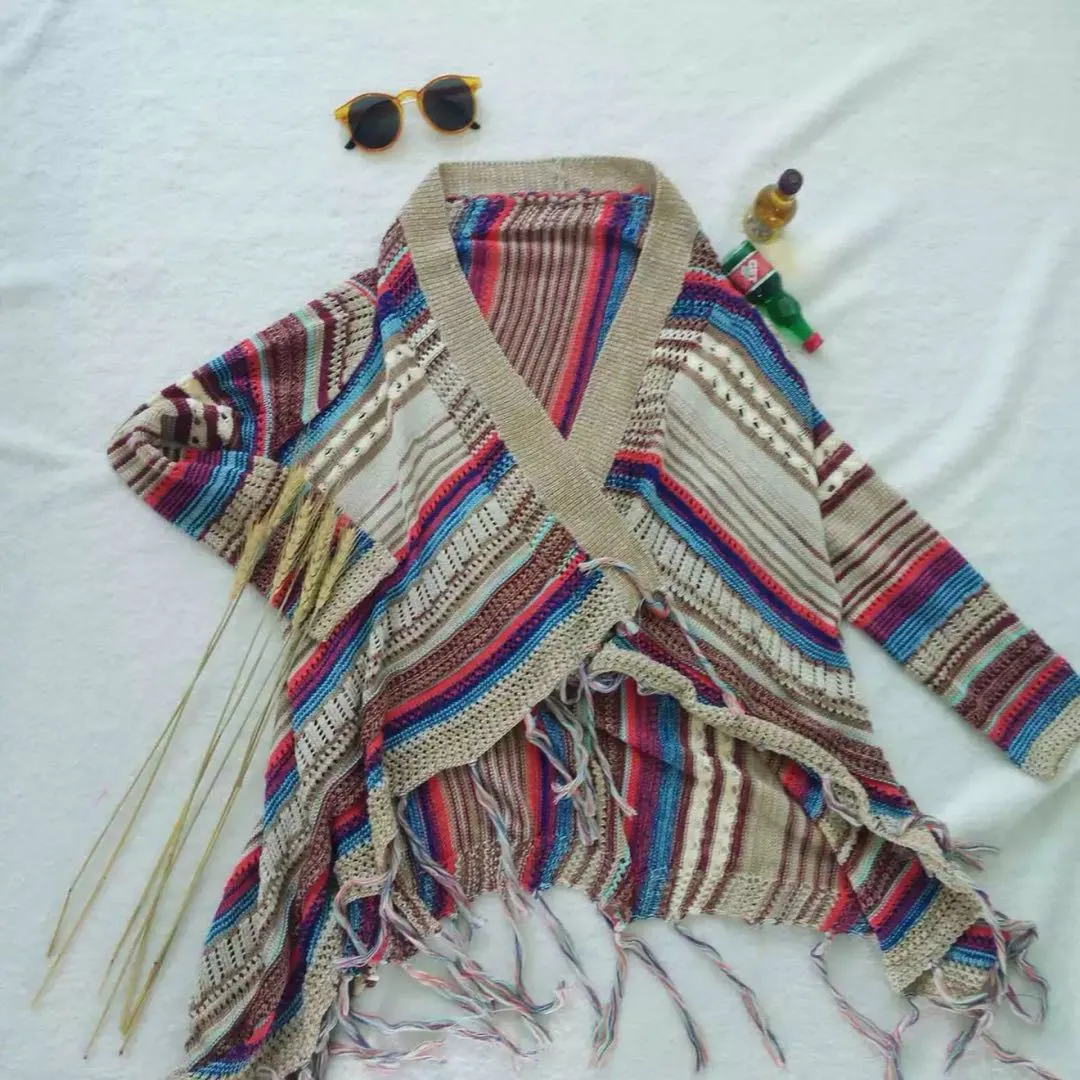 Ethnic Bohemian Striped Long Sleeve Tassel Knitted Cardigan Sweater