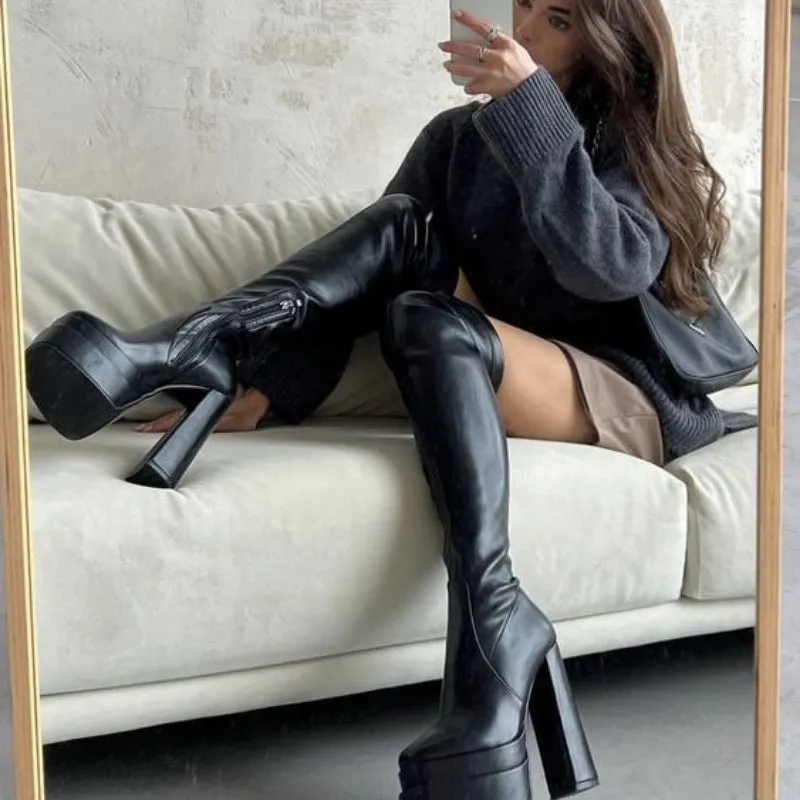 Fashion High Heels Thigh High Zip-up Platform Boots