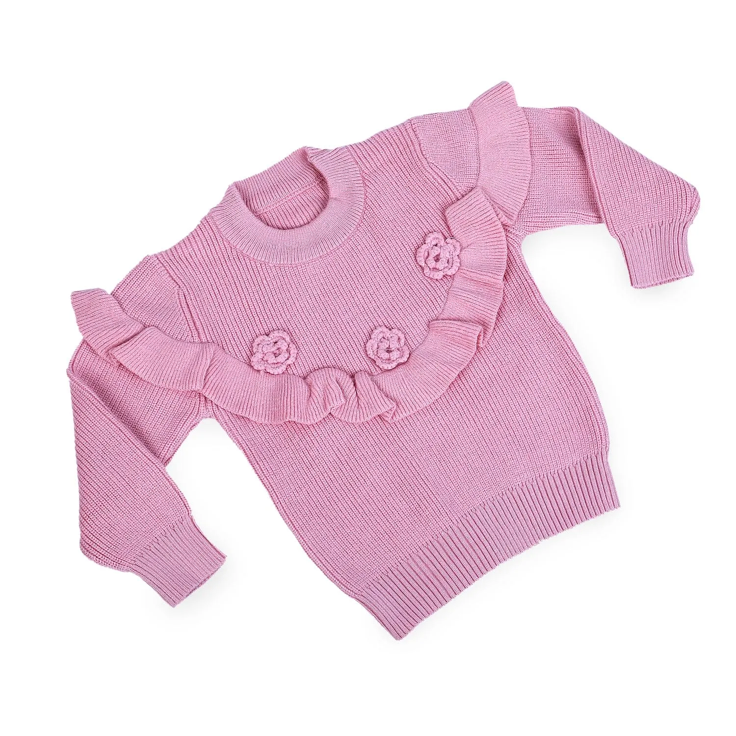 Flowers And Frills Premium Full Sleeves Knitted Sweater - Pink