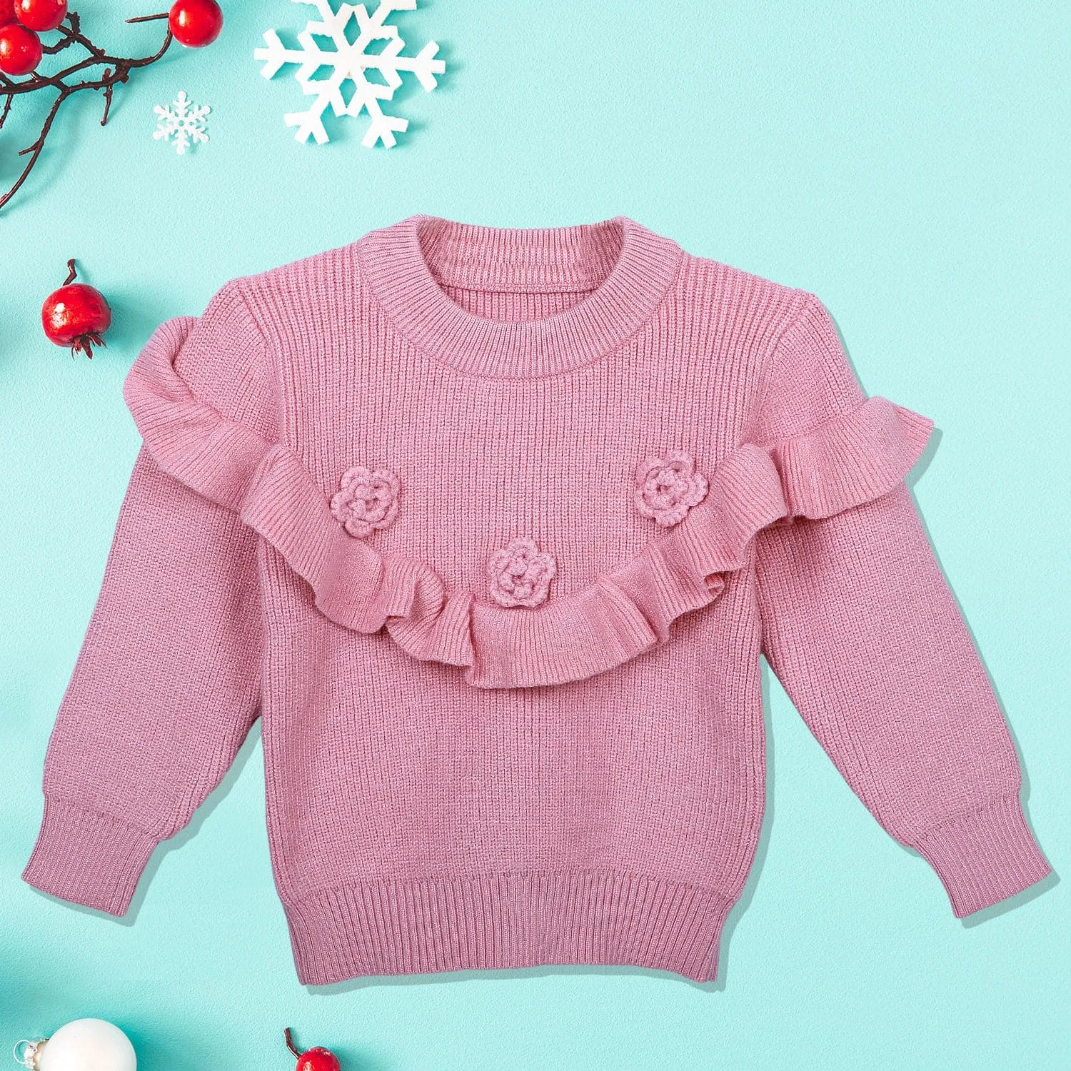 Flowers And Frills Premium Full Sleeves Knitted Sweater - Pink