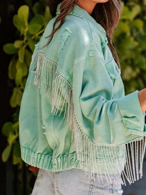 Fringed Chain Raw Hem Distressed Jacket