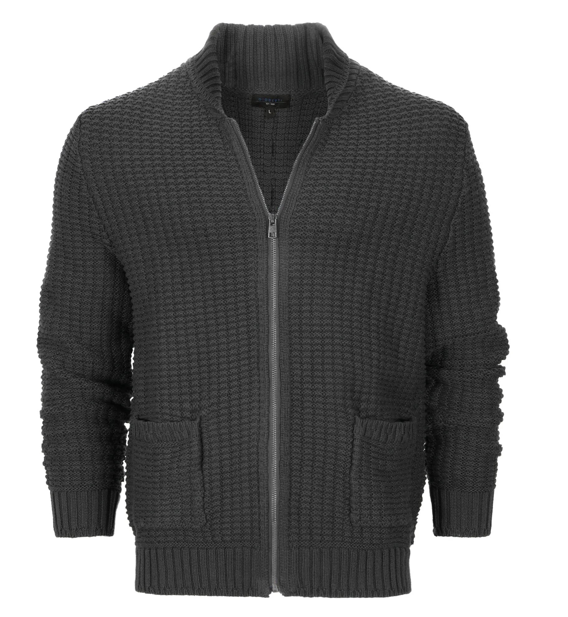 Gioberti Men's Charcoal 100% Cotton Milano Knit Full-Zip Sweater