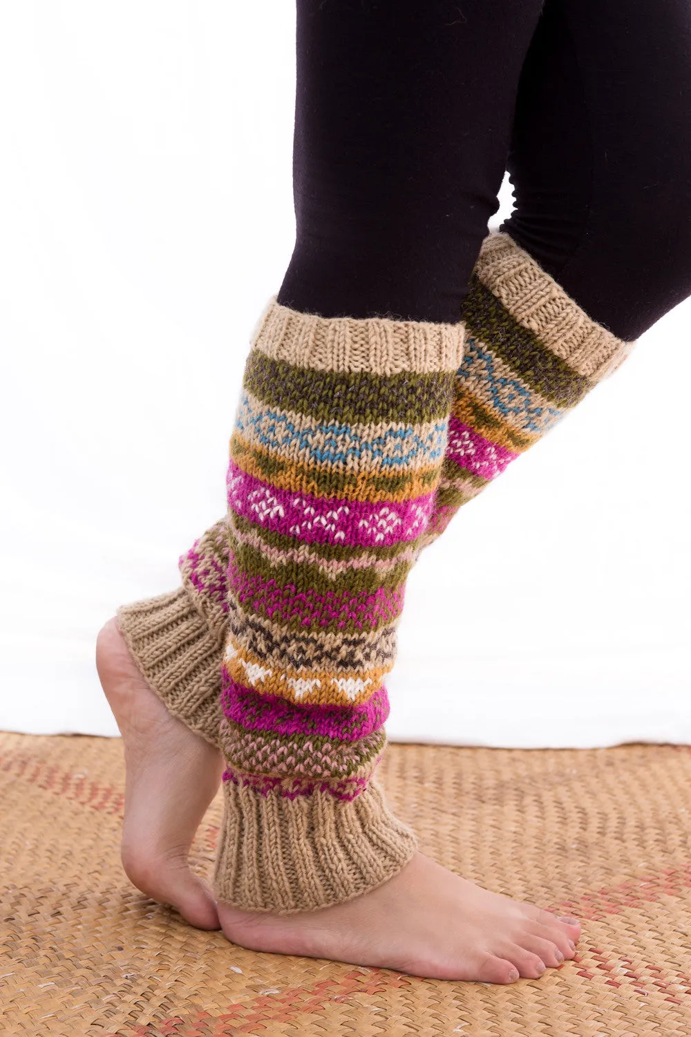 Handknitted Woolen Sherpa Legwarmer Brown Multicolor