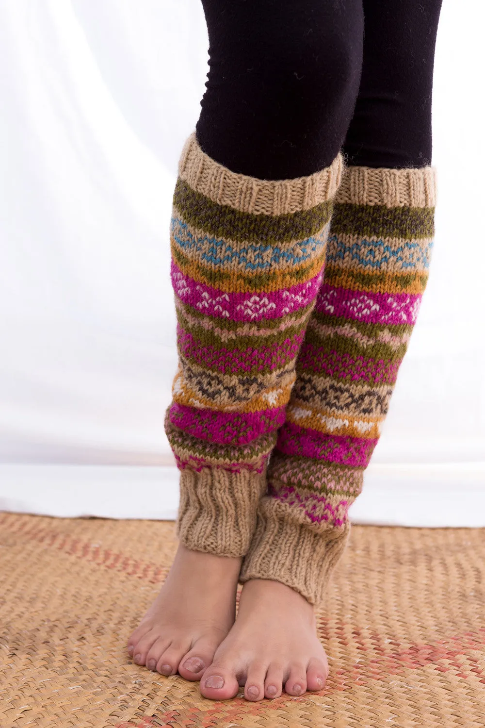 Handknitted Woolen Sherpa Legwarmer Brown Multicolor