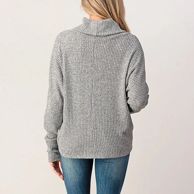 Heimious Waffle Knit Cowl Turtleneck Sweater