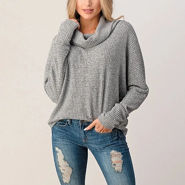 Heimious Waffle Knit Cowl Turtleneck Sweater