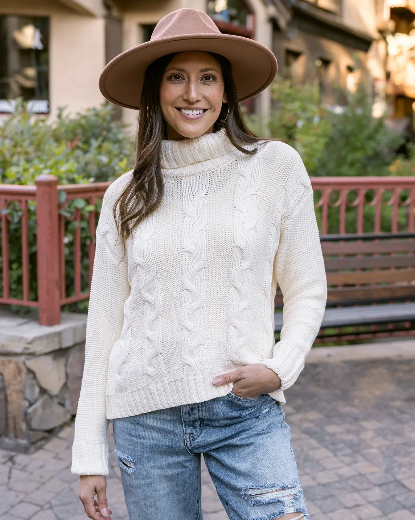 High Neck Cable Knit Sweater in Ivory by Grace & Lace (Ships in 1-2 Weeks)