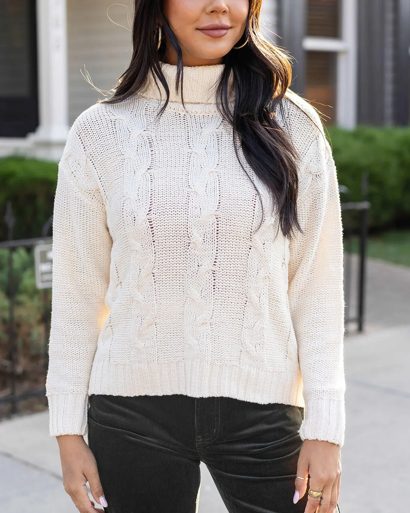 High Neck Cable Knit Sweater in Ivory by Grace & Lace (Ships in 1-2 Weeks)