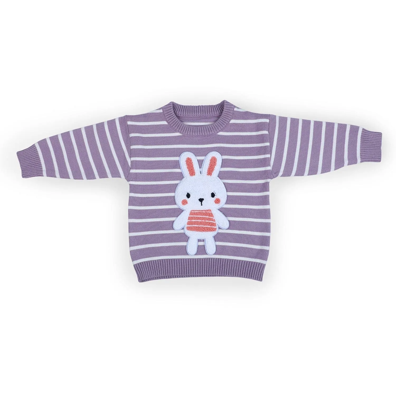 Hopping Rabbit Striped Premium Full Sleeves Knitted Sweater - Purple