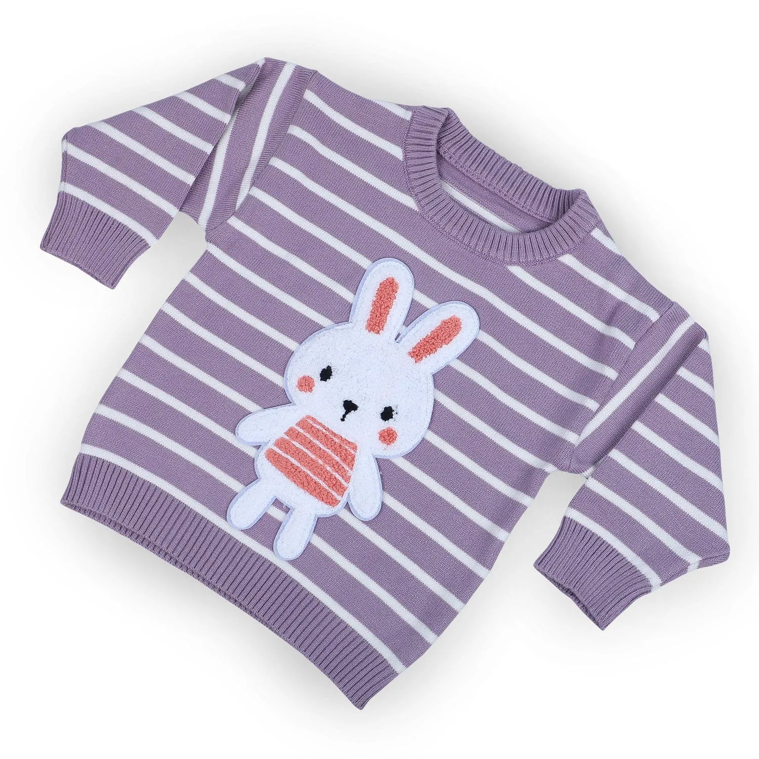 Hopping Rabbit Striped Premium Full Sleeves Knitted Sweater - Purple