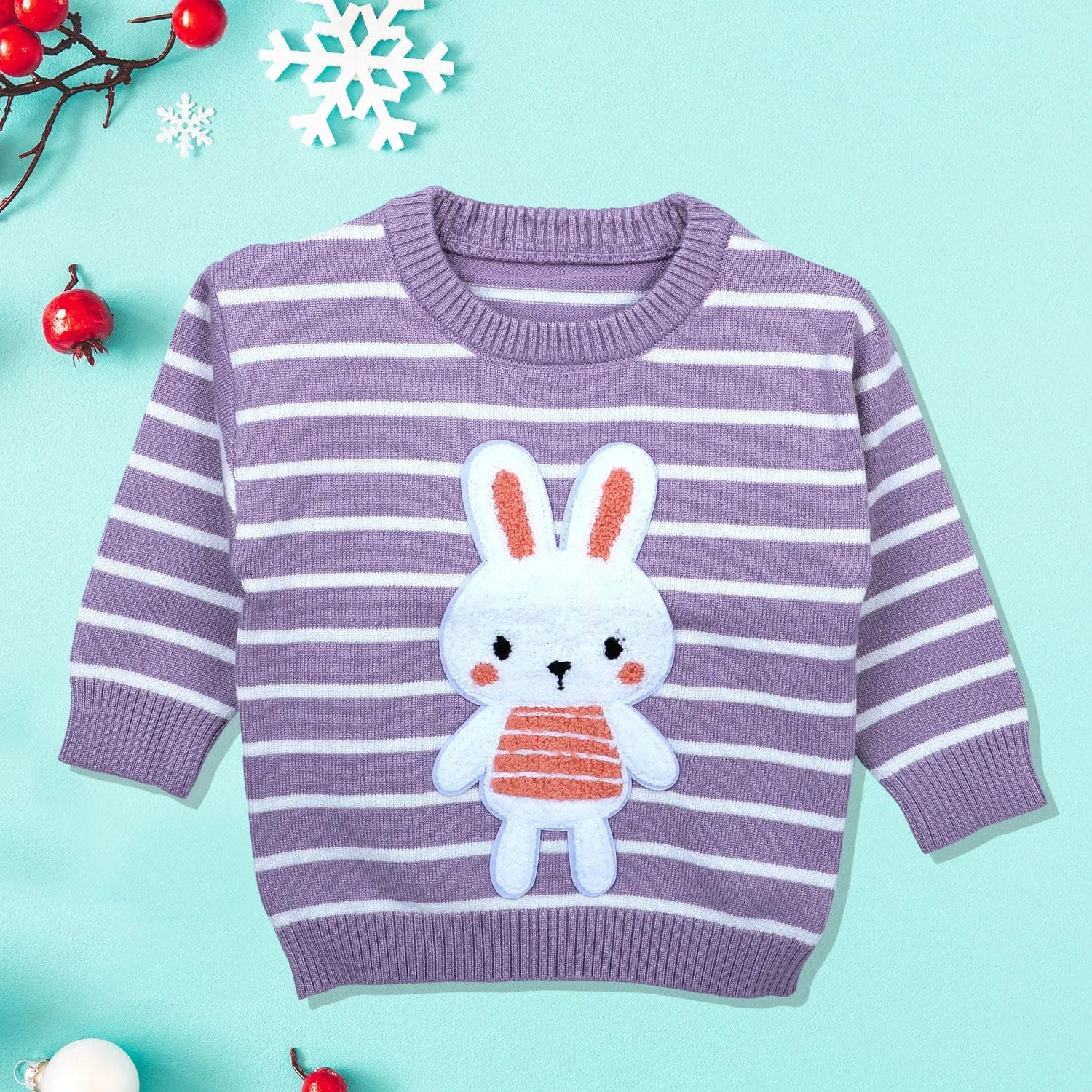 Hopping Rabbit Striped Premium Full Sleeves Knitted Sweater - Purple