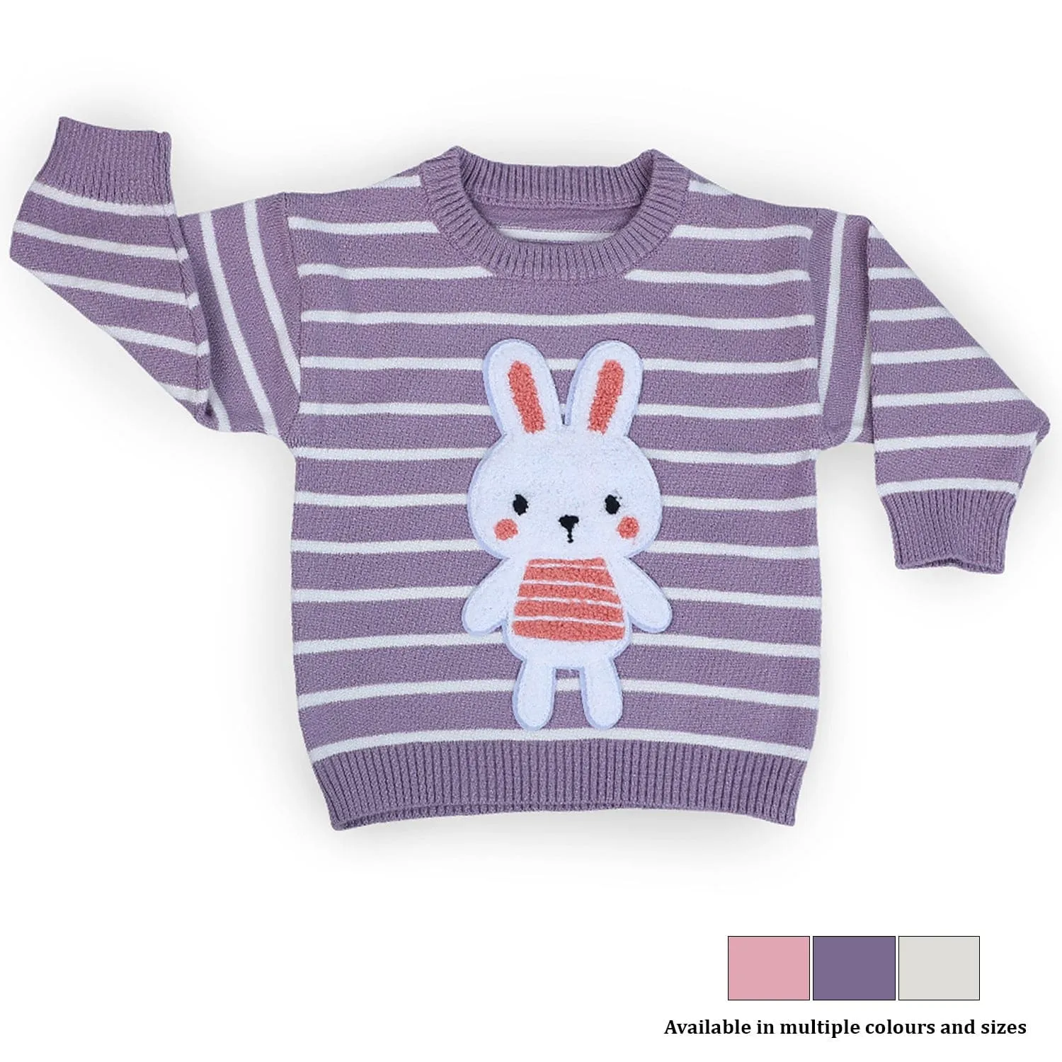 Hopping Rabbit Striped Premium Full Sleeves Knitted Sweater - Purple