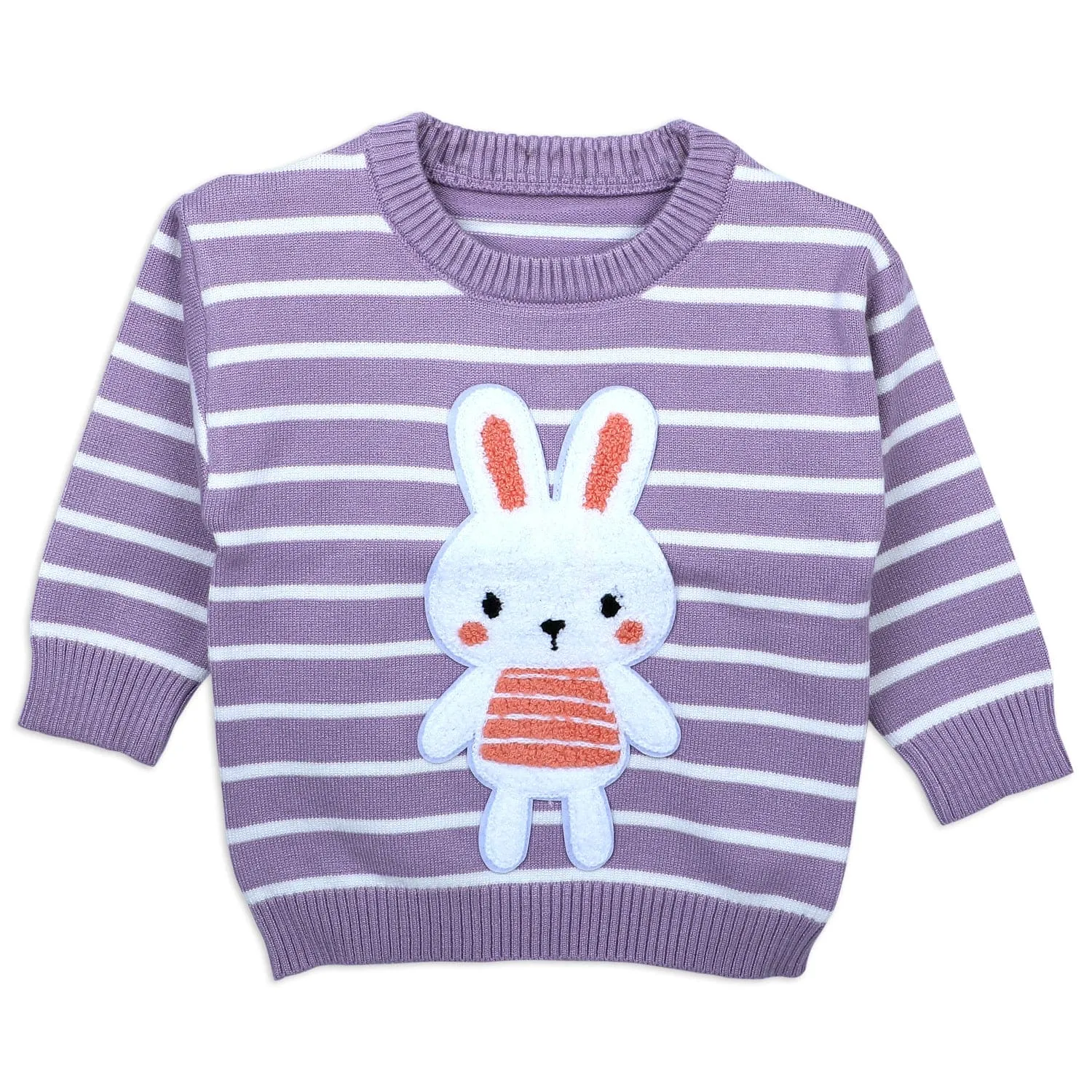 Hopping Rabbit Striped Premium Full Sleeves Knitted Sweater - Purple