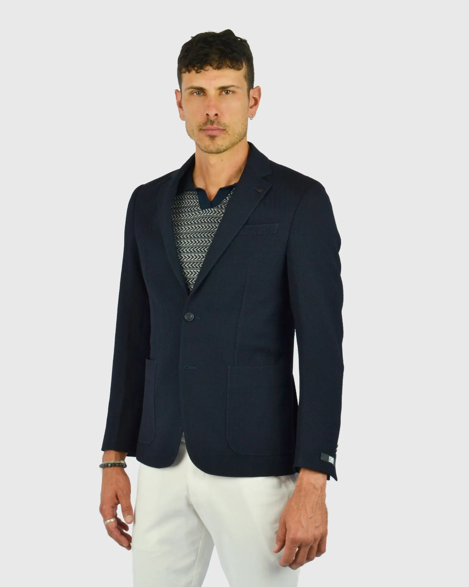 KARL LAGERFELD 524030 NAVY HERRINGBONE BLAZER