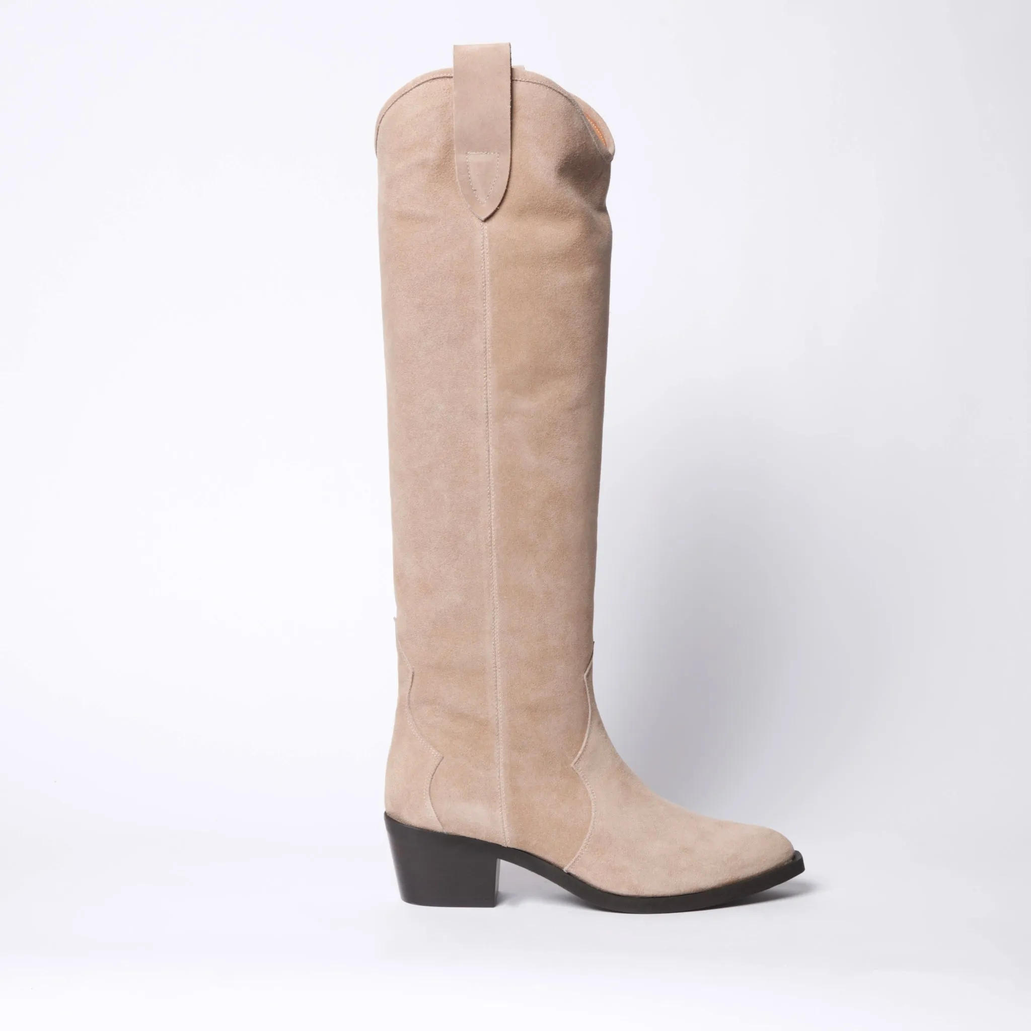 Knee High Cowboy Boots in Beige Suede