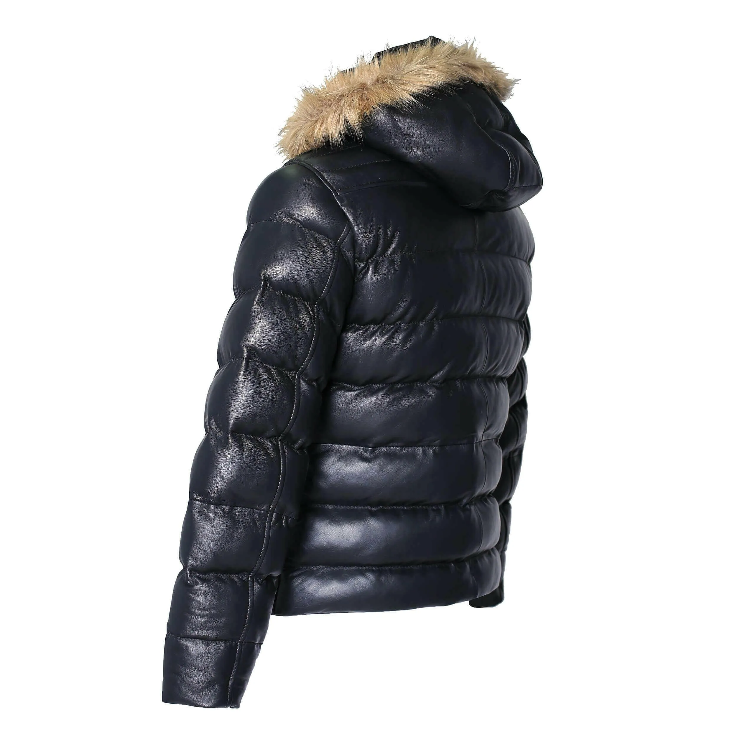 Men's Crimson Black Puffer Winter Down Leather Jacket with Fur