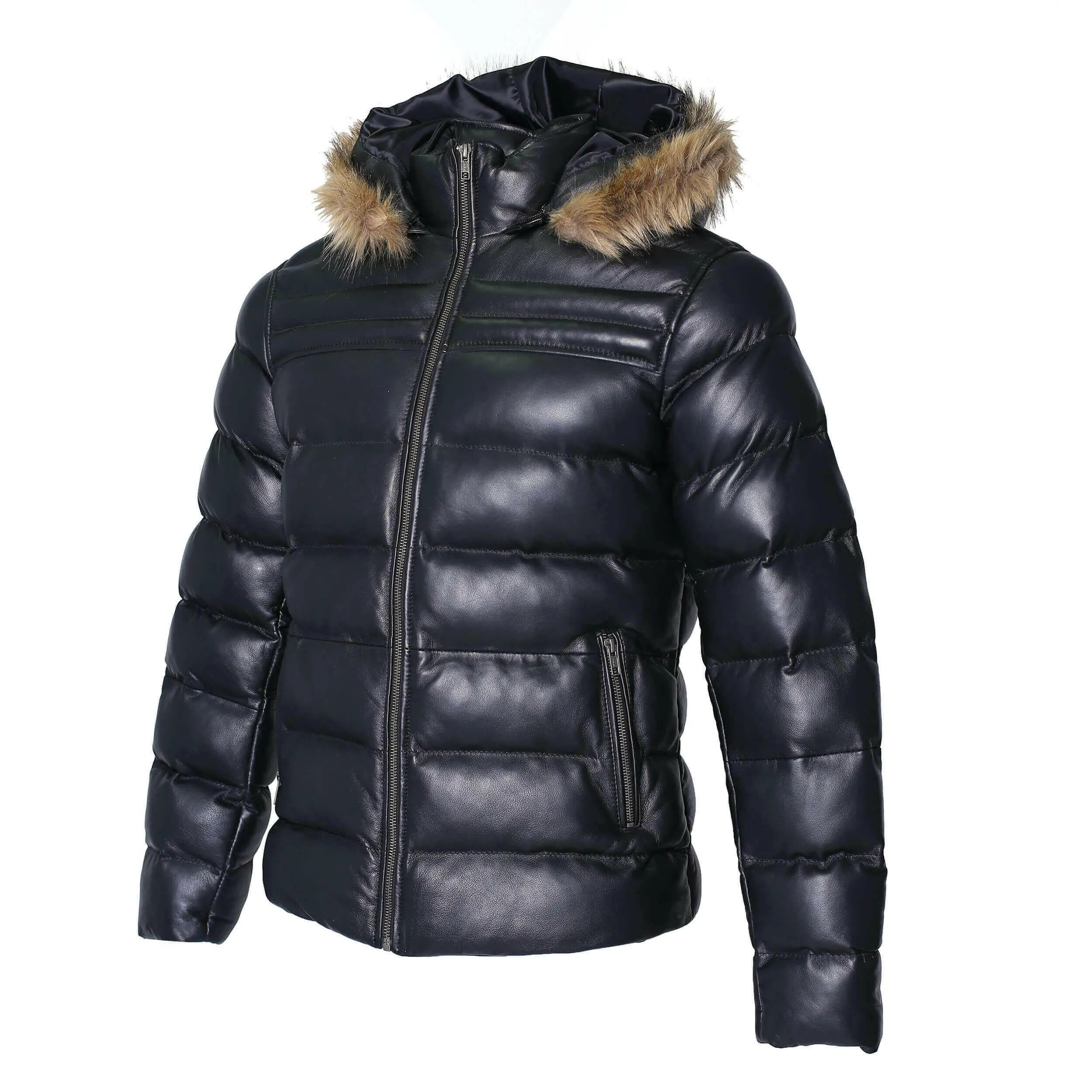 Men's Crimson Black Puffer Winter Down Leather Jacket with Fur