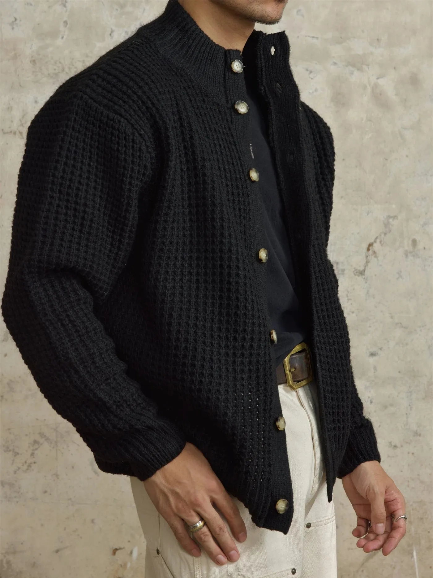 Men's Waffle Woolen Cardigan with Stand Collar - Loose Fit