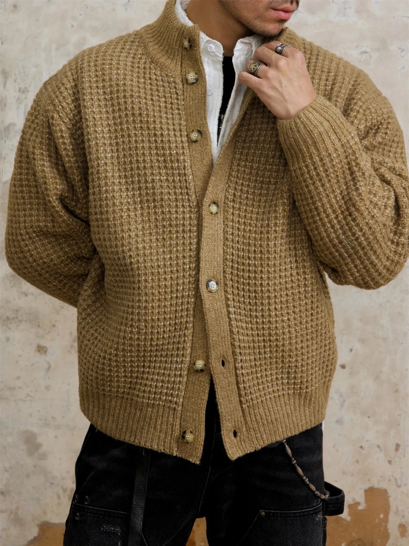 Men's Waffle Woolen Cardigan with Stand Collar - Loose Fit