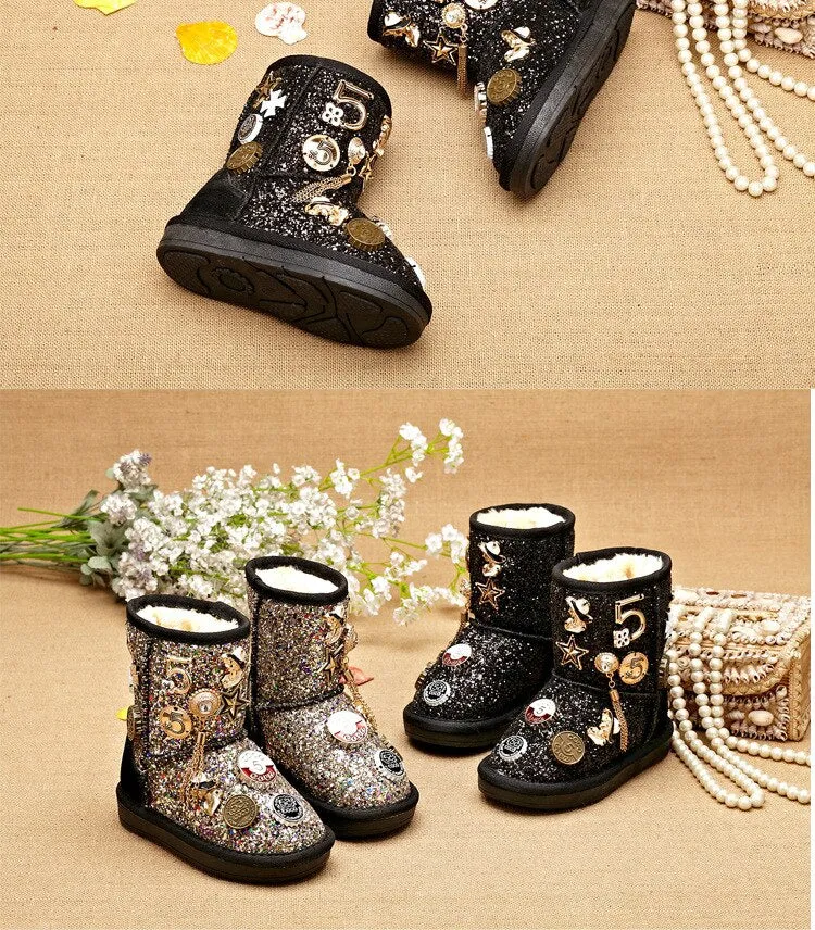 MOF Kids boots winter snow boots children fashionable boots girls glitter boots toddlers warm fur