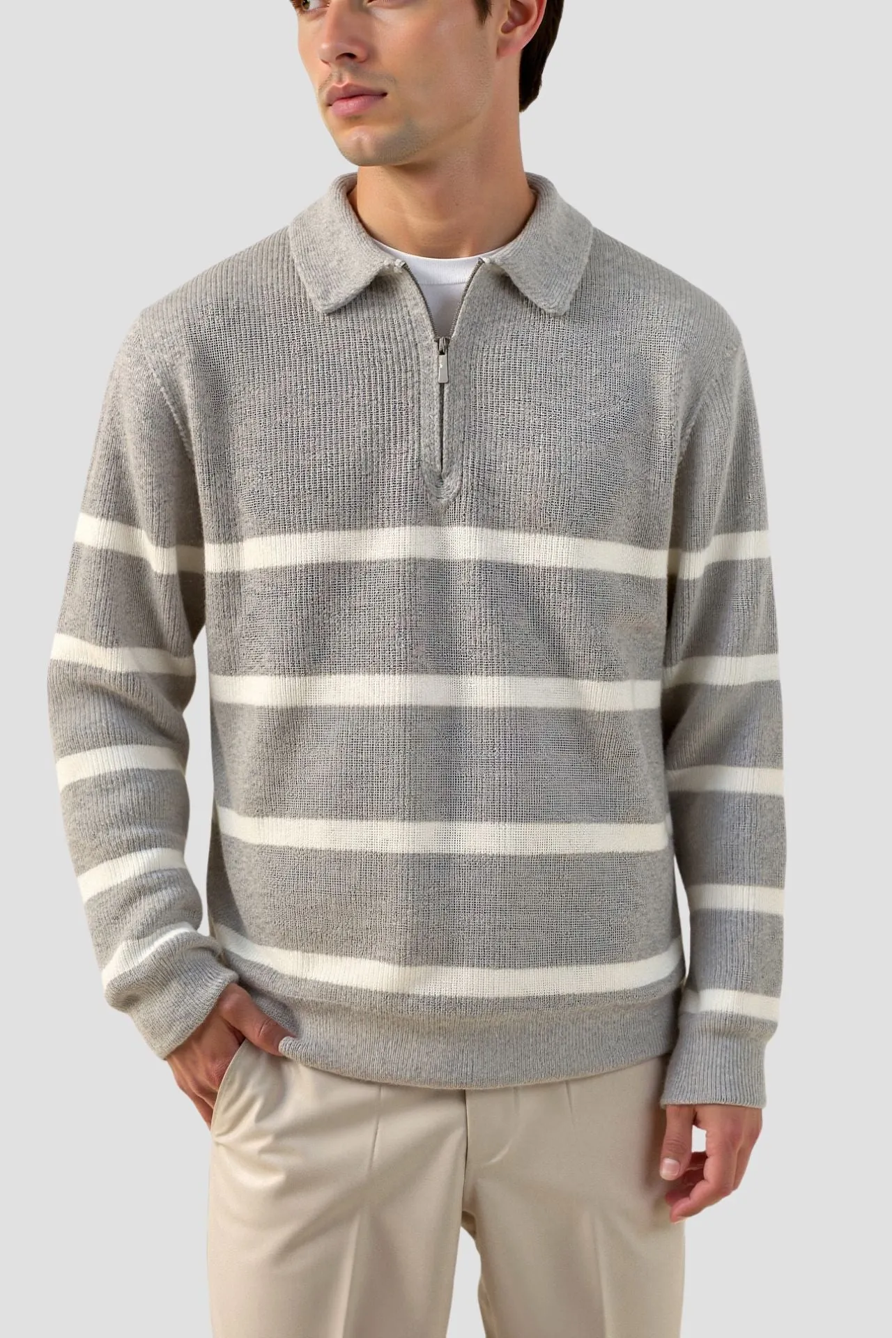 Old Money Striped Quater Zip Woolen Sweater