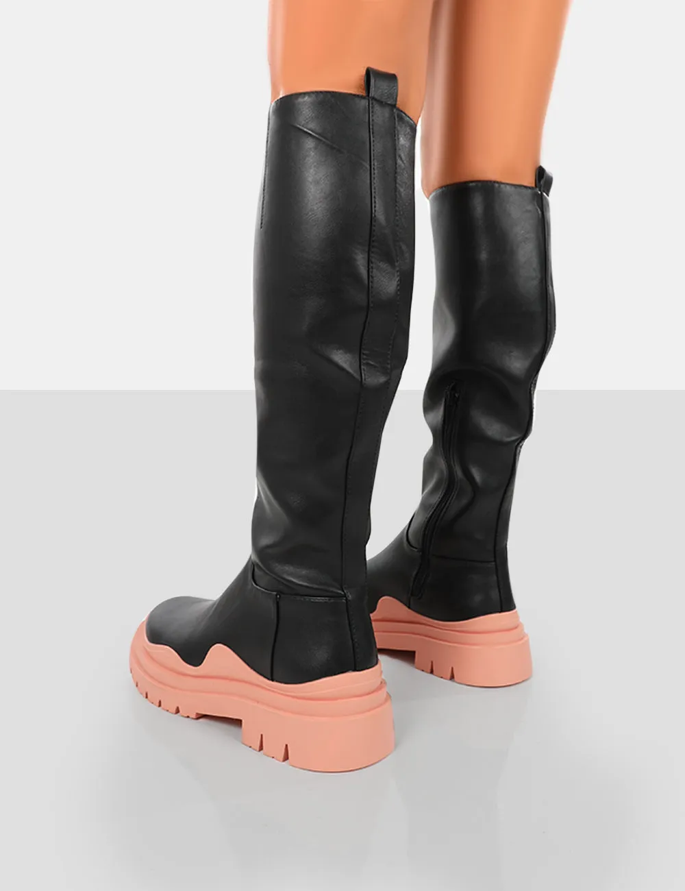 On Point Pink Black PU Chunky Sole Knee High Boots