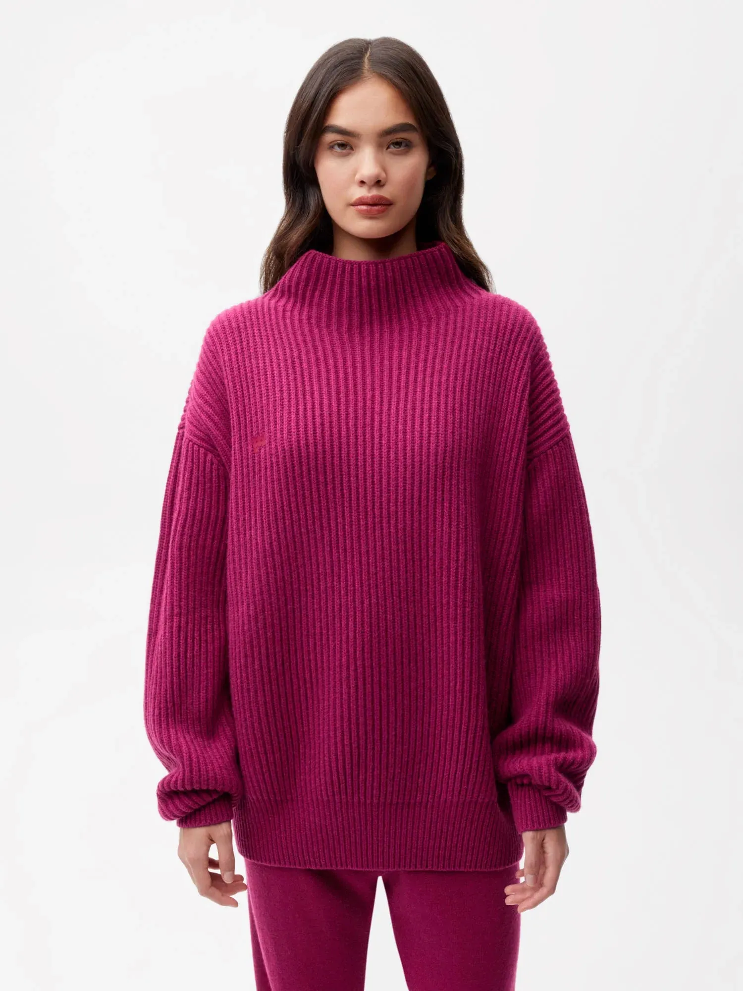 Recycled Cashmere Funnel-Neck Sweater—plum purple