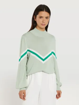 Ribbed turtleneck sweater with v graphic and bottom-gathering sleeves