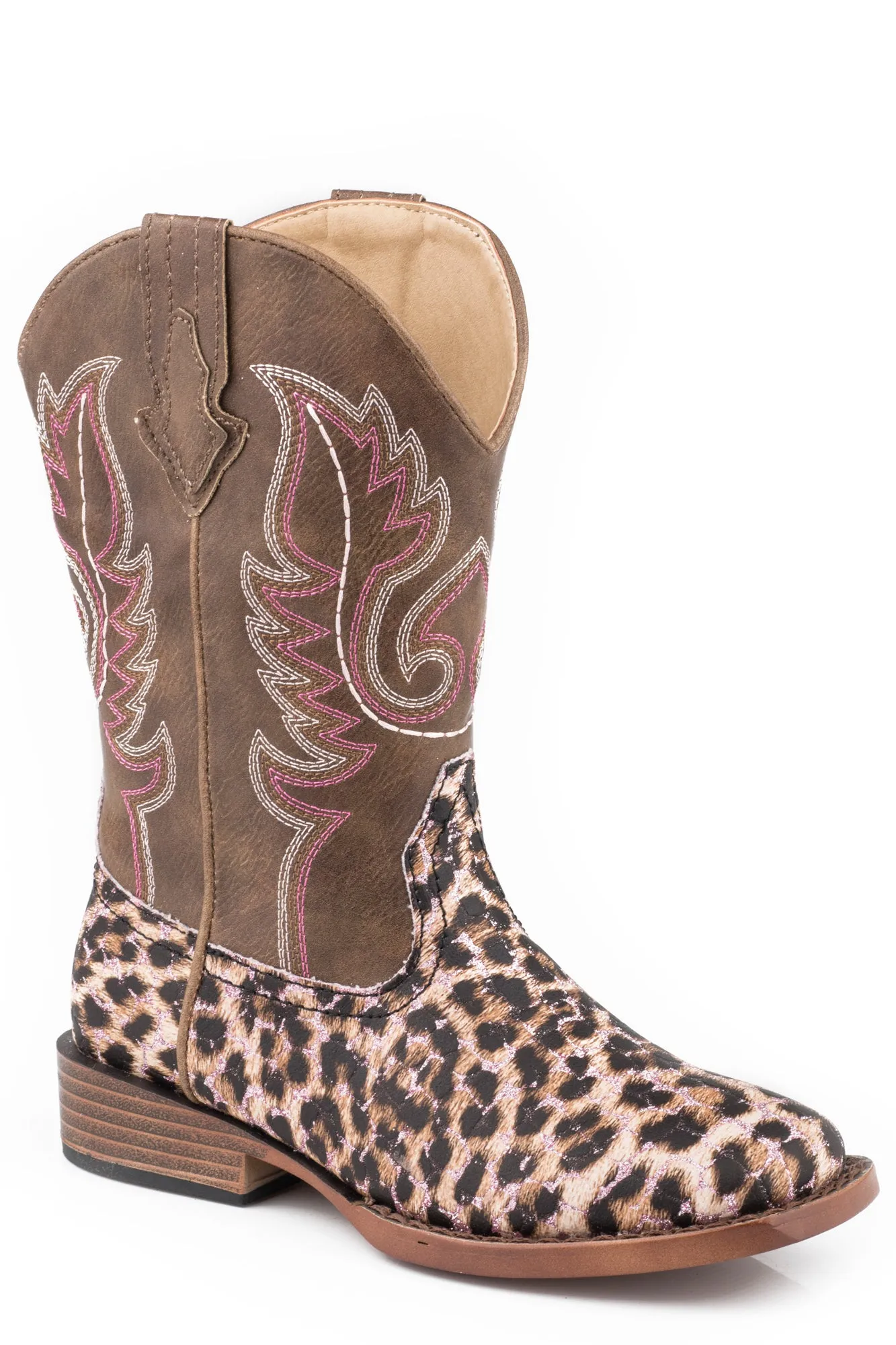 Roper Kids Girls Brown/Pink Faux Leather Glitter Leopard Cowboy Boots