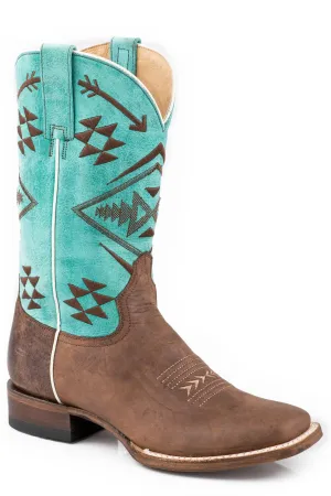 Roper Womens Brown/Turquoise Leather Ruby Native Embroidery Design On Turquoise Shaft Cowboy Boots