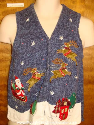 Santa and Flying Reindeer Corny Christmas Sweater Vest