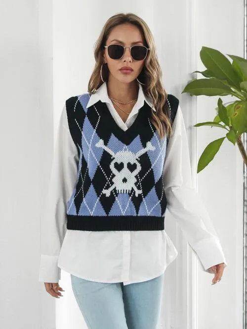 Skull Geometric V-Neck Sweater Vest