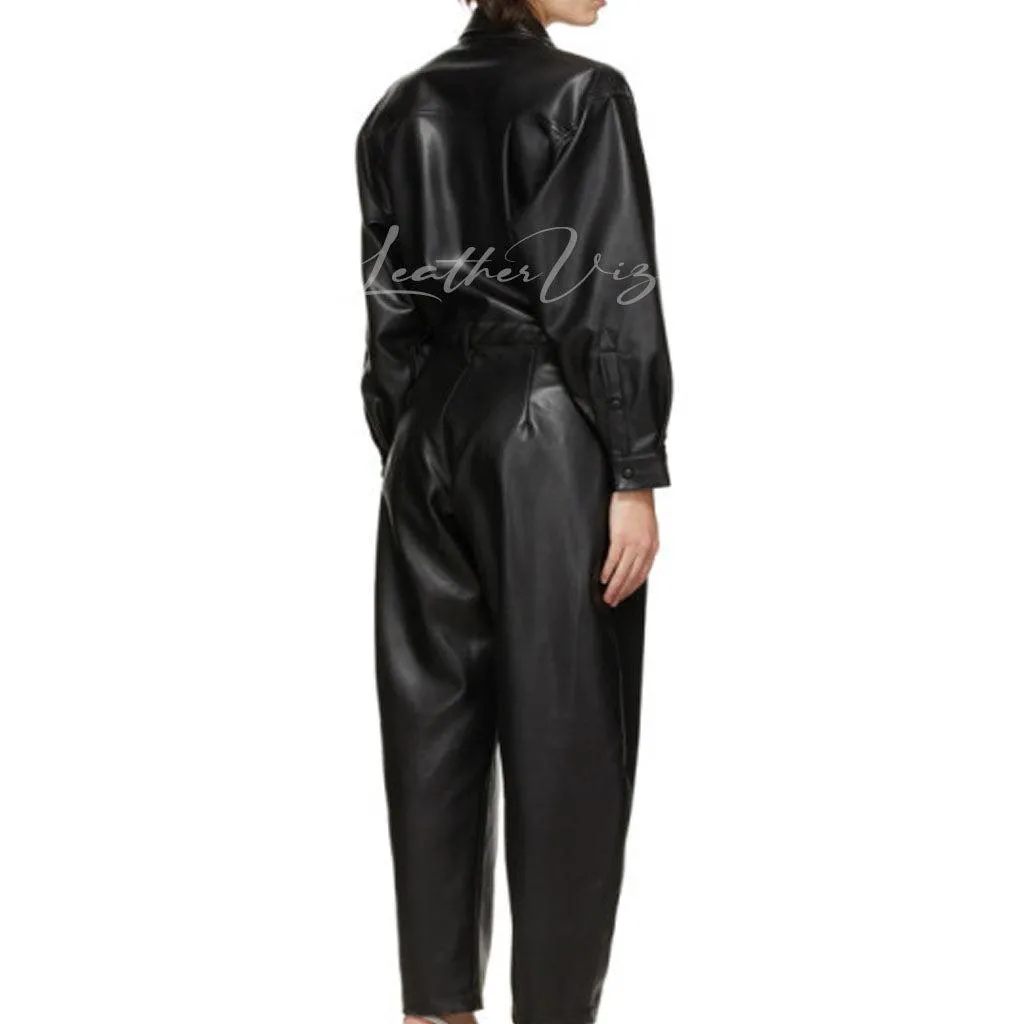 SPREAD COLLAR BLACK LEATHER JUMPSUIT FOR MEN