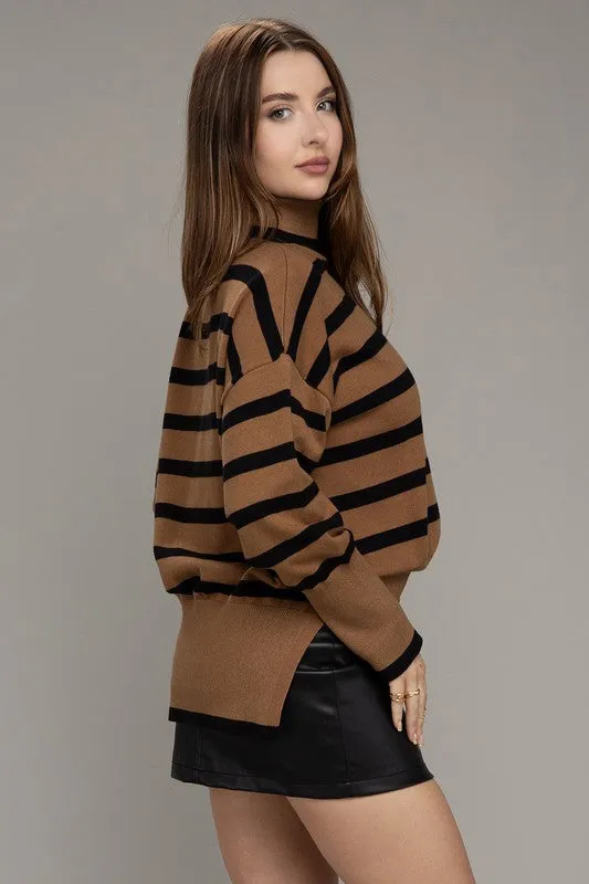 TEEK - Brown Stripe Turtleneck Knit Sweater