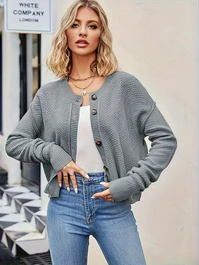 TEEK - Heather Grey Button Ribbed Shoulder Cardigan