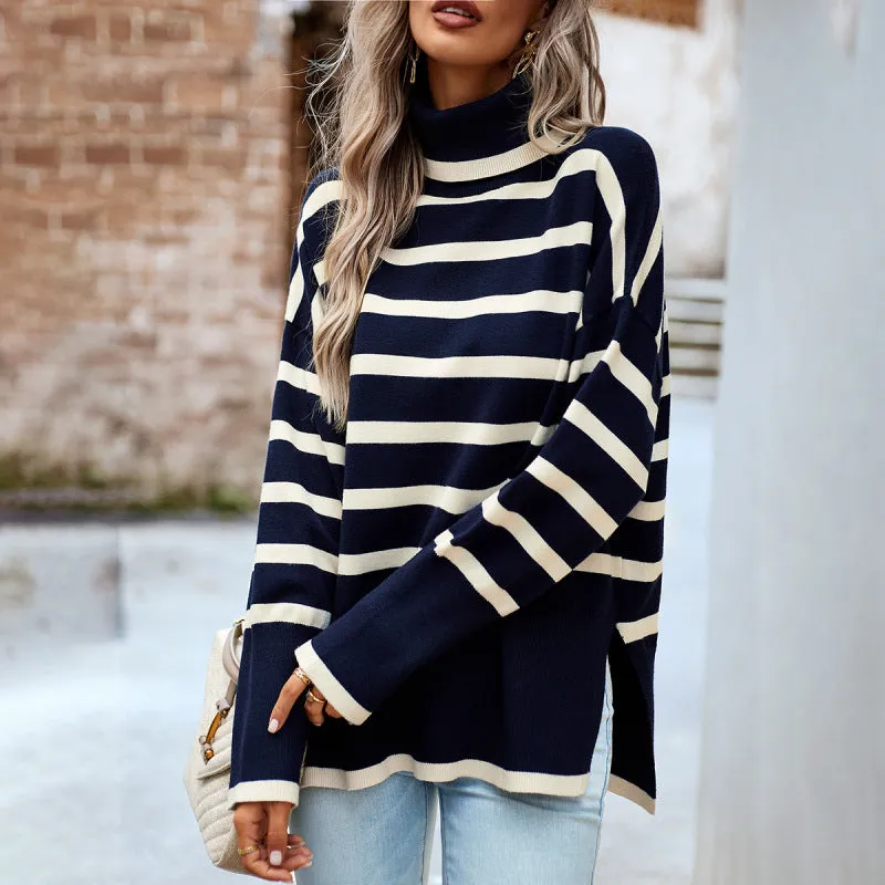 TEEK - Striped Long Sleeve Knitted Turtleneck Sweater