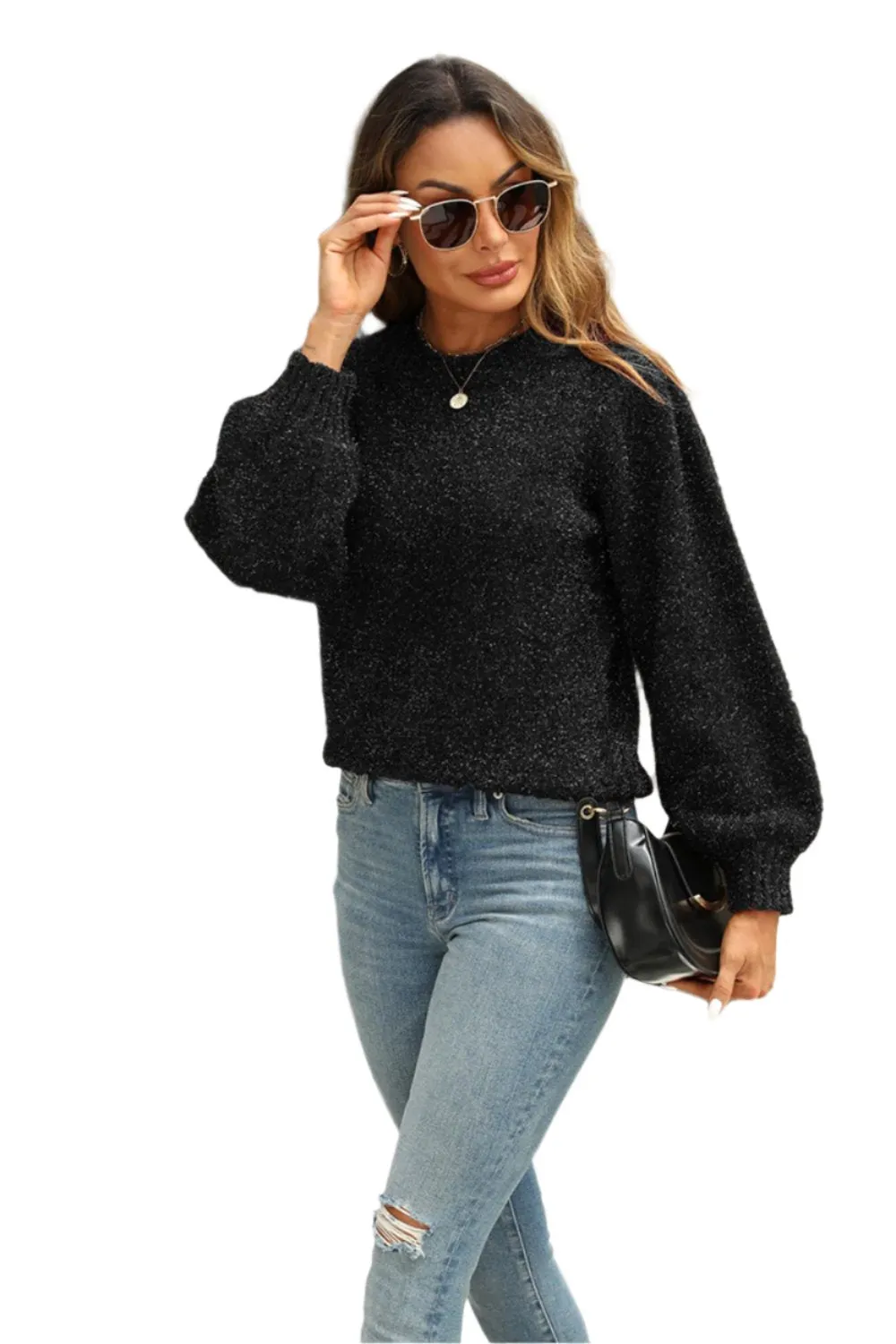 TEEK - Tied Heathered Round Neck Long Sleeve Sweater